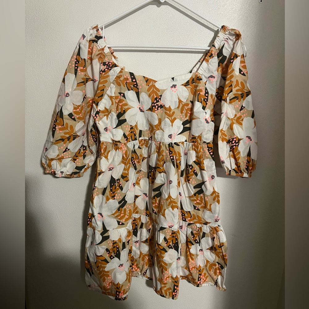 JODIFIL Classic Fall Floral Bubble Sleeve Mini Dress White Tan Orange Wms Sz S